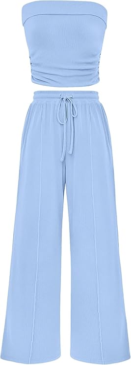 PRETTYGARDEN Ribbed Knit Crop Tube Top & Wide Leg Pants Set